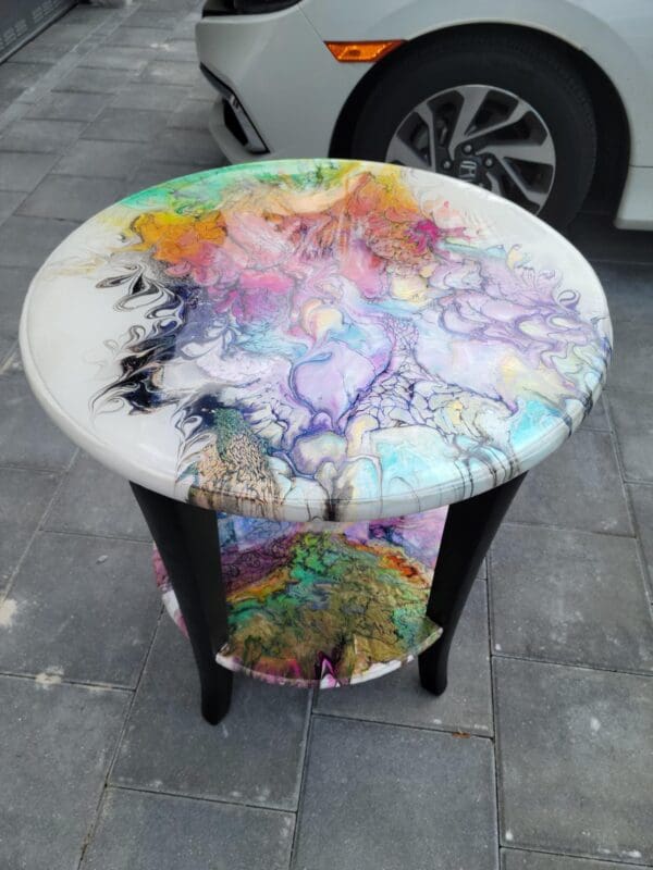 A table with a colorful design on it