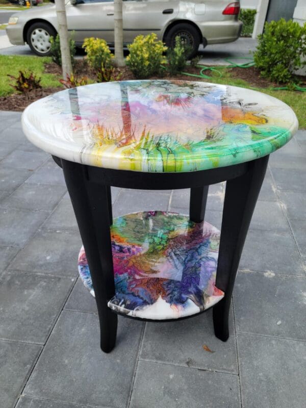 A table with a colorful design on it.