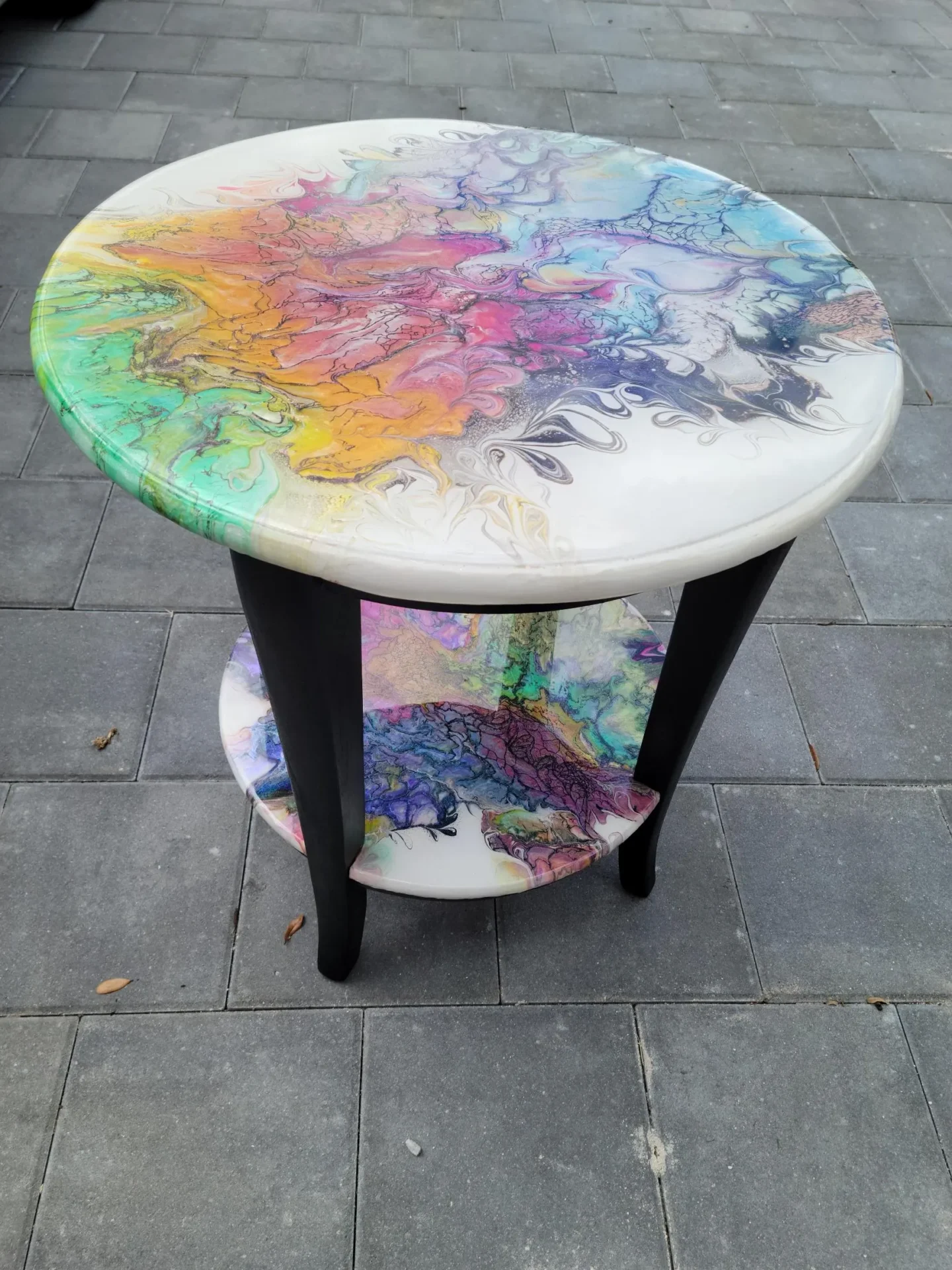 A table with a colorful design on it