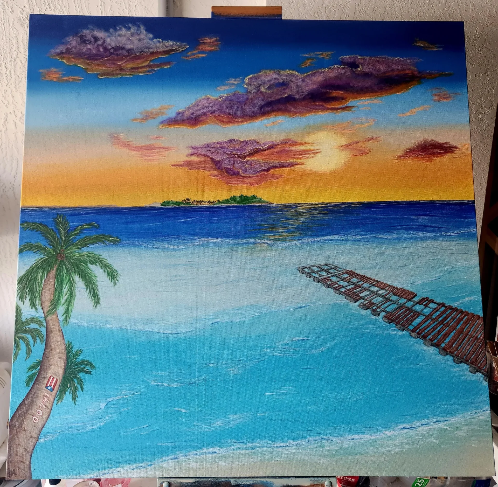 A painting of an ocean with palm trees and a pier.