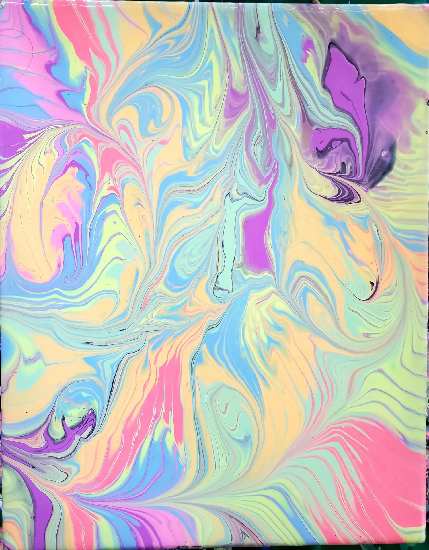 A painting of swirling colors in pastel shades.