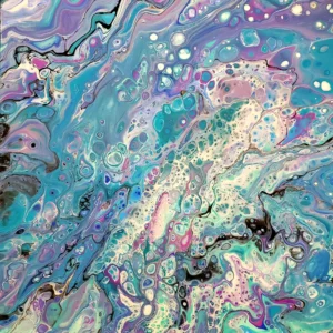A painting of swirling colors and bubbles