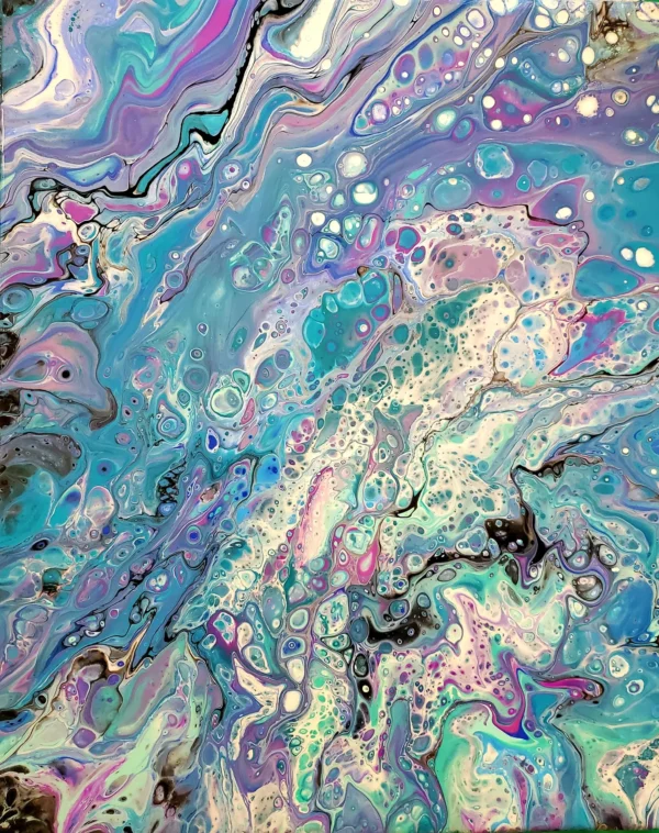 A painting of swirling colors and bubbles