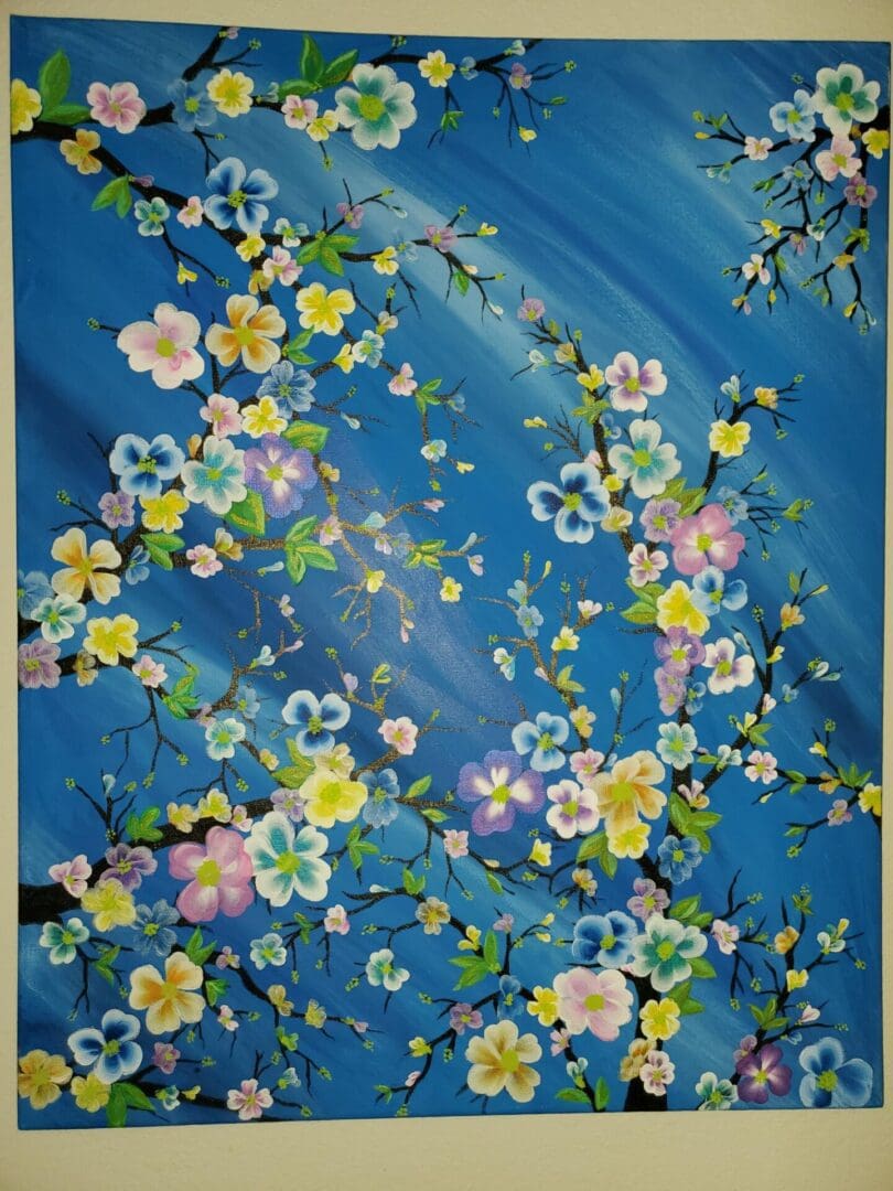 A painting of flowers on a blue background