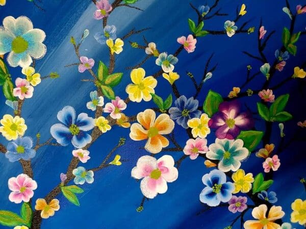 A painting of flowers on a blue background