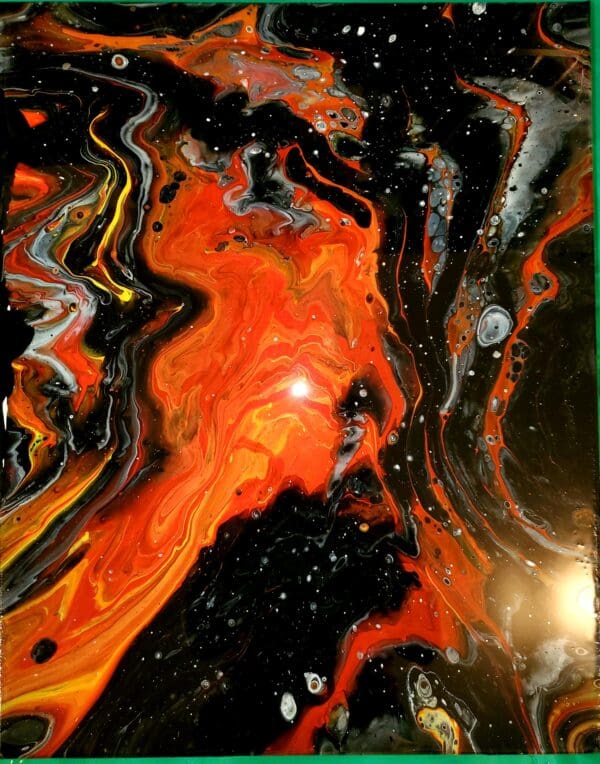 A painting of fire and black paint with green background