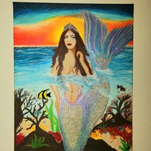 A painting of a mermaid with fish in the ocean.