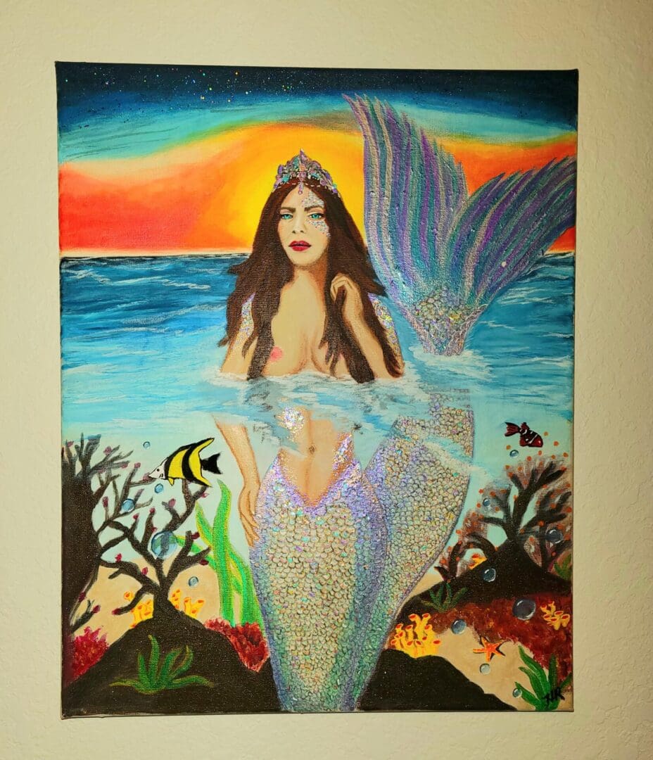 A painting of a mermaid with fish in the ocean.
