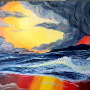 A painting of the ocean with waves and clouds.