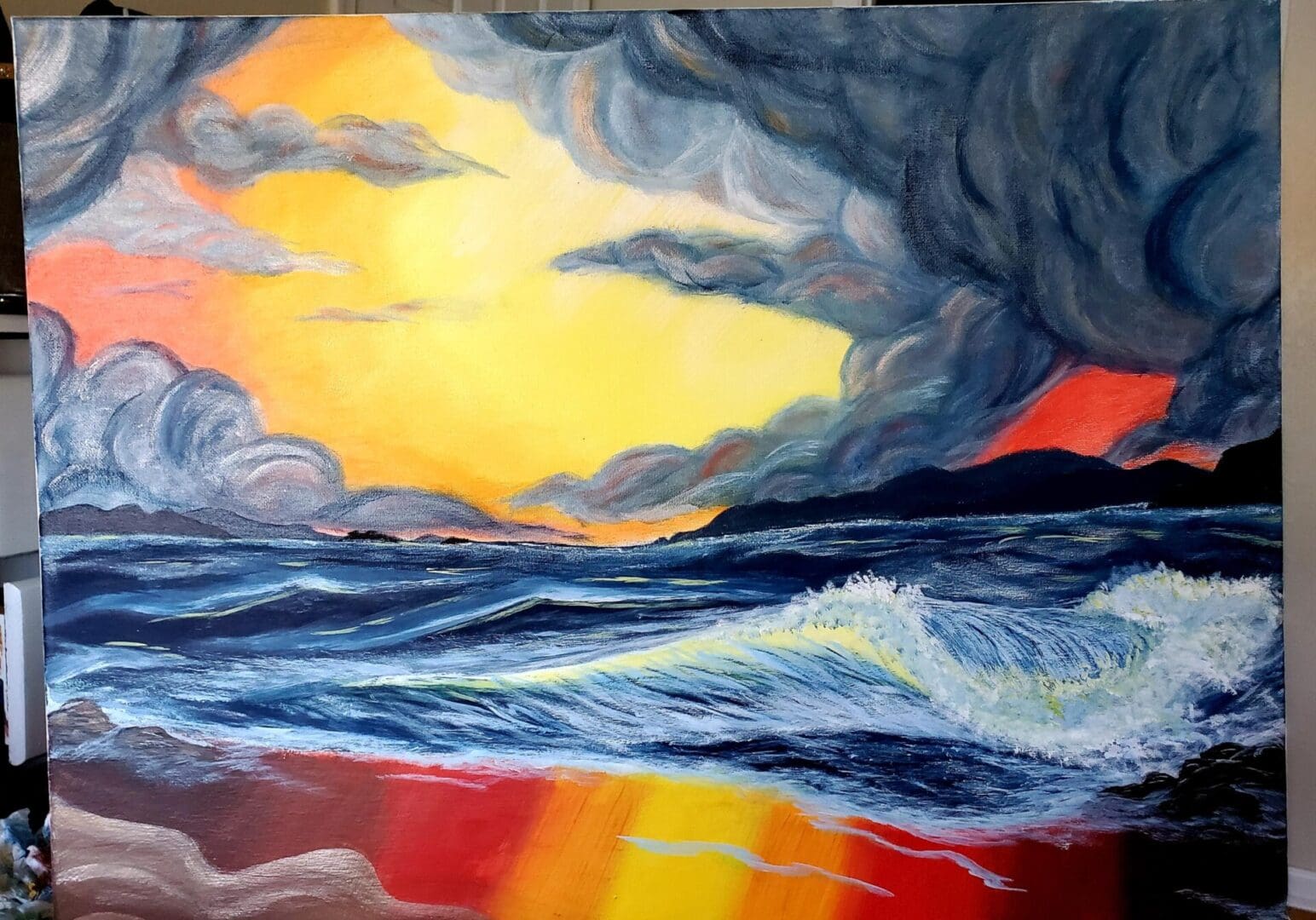 A painting of the ocean with waves and clouds.