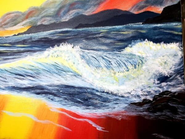 A painting of waves in the ocean at sunset.