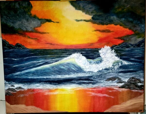 A painting of the ocean and sunset.