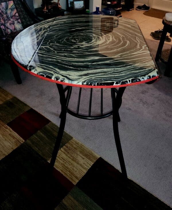 A table with a black and white pattern on it.