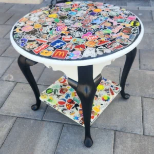 A table with many different stickers on it