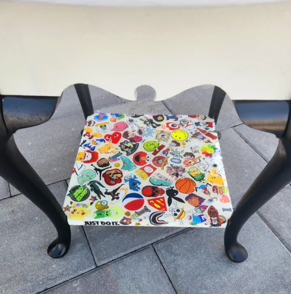 A table with many different stickers on it