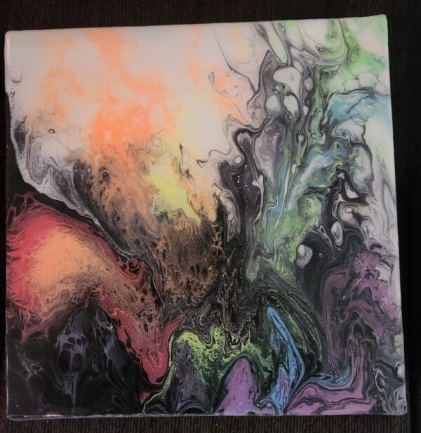 A painting of a colorful abstract scene with smoke.